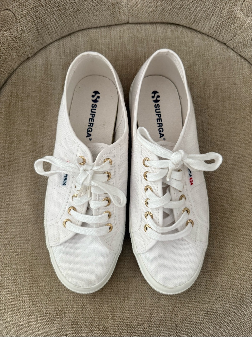 Superga White Canvas Low-Top Lace-Up Sneakers with Gold Eyelets